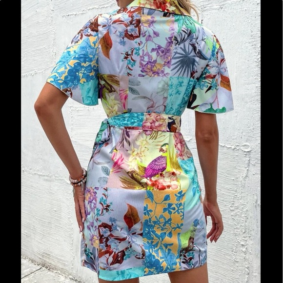 Boho Floral Tropical Butterfly Wrap Mini Dress - Picture 8 of 12